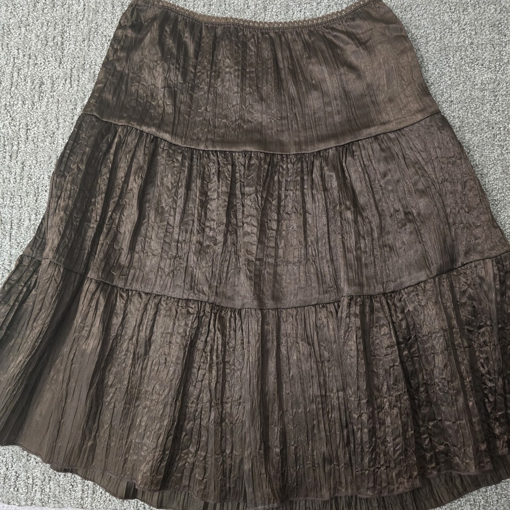 Von Mozart S Brown Crinkle Tiered Midi Skirt Boho Y2K Fairy Grunge USA